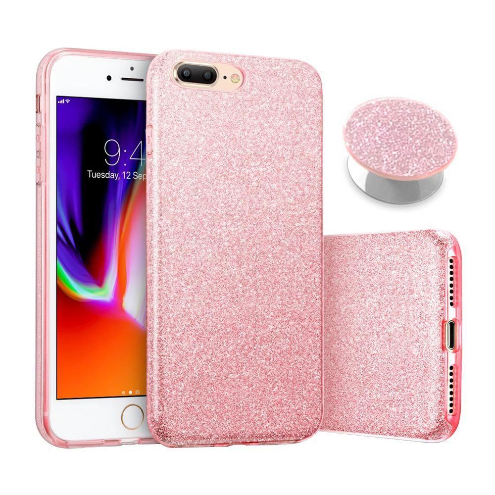 Capa iphone 8 plus glitter 3x1 rosa com pop socket glitter