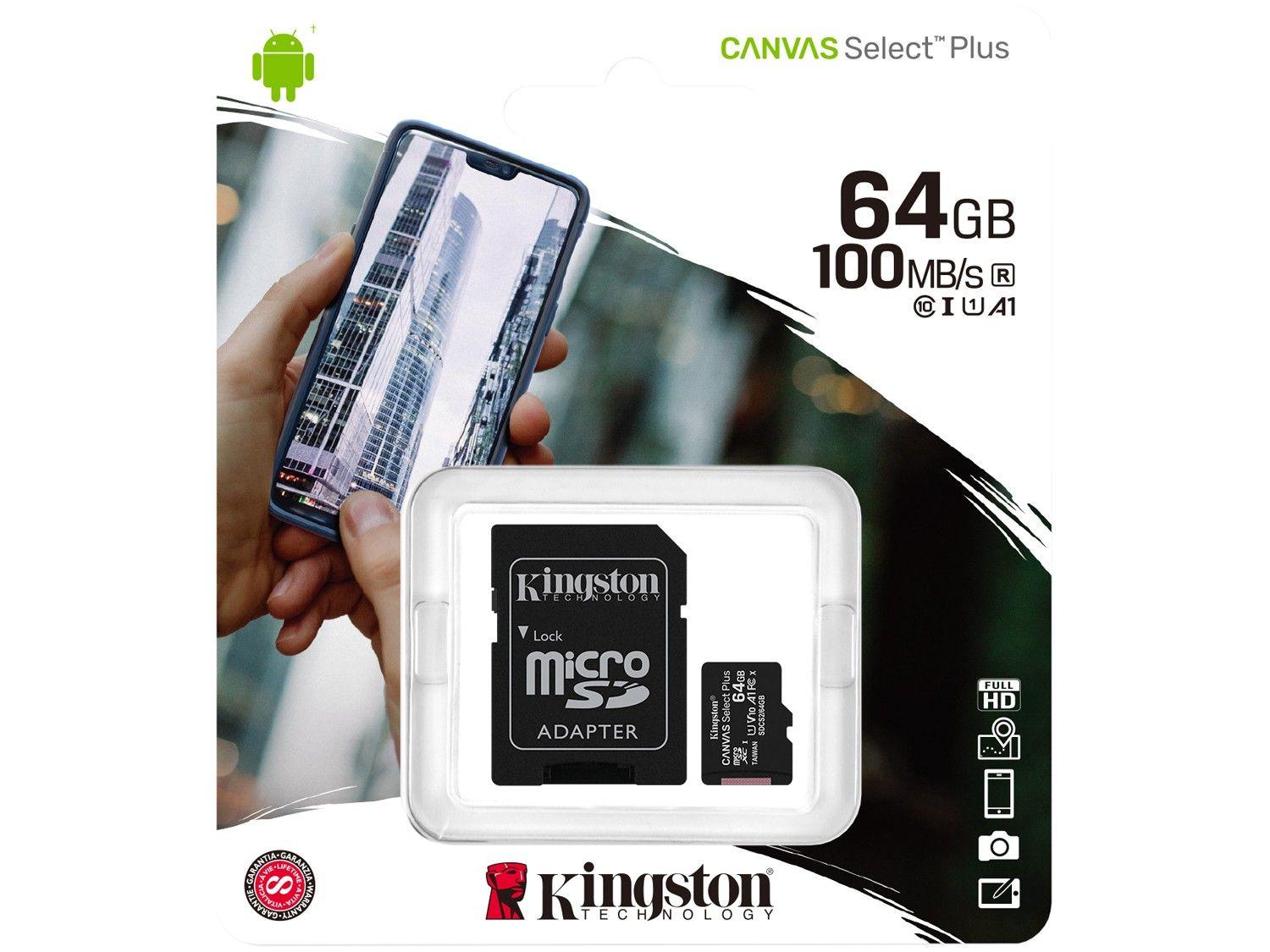 Cartão de Memória 64GB Micro SD Kingston 10 com Adaptador SD Canvas Select Plus SDCS2