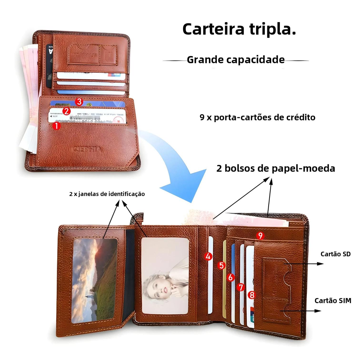 Imagem de Carteira Masculina de Couro Genuíno com Proteção RFID - Design Fino e Vintage