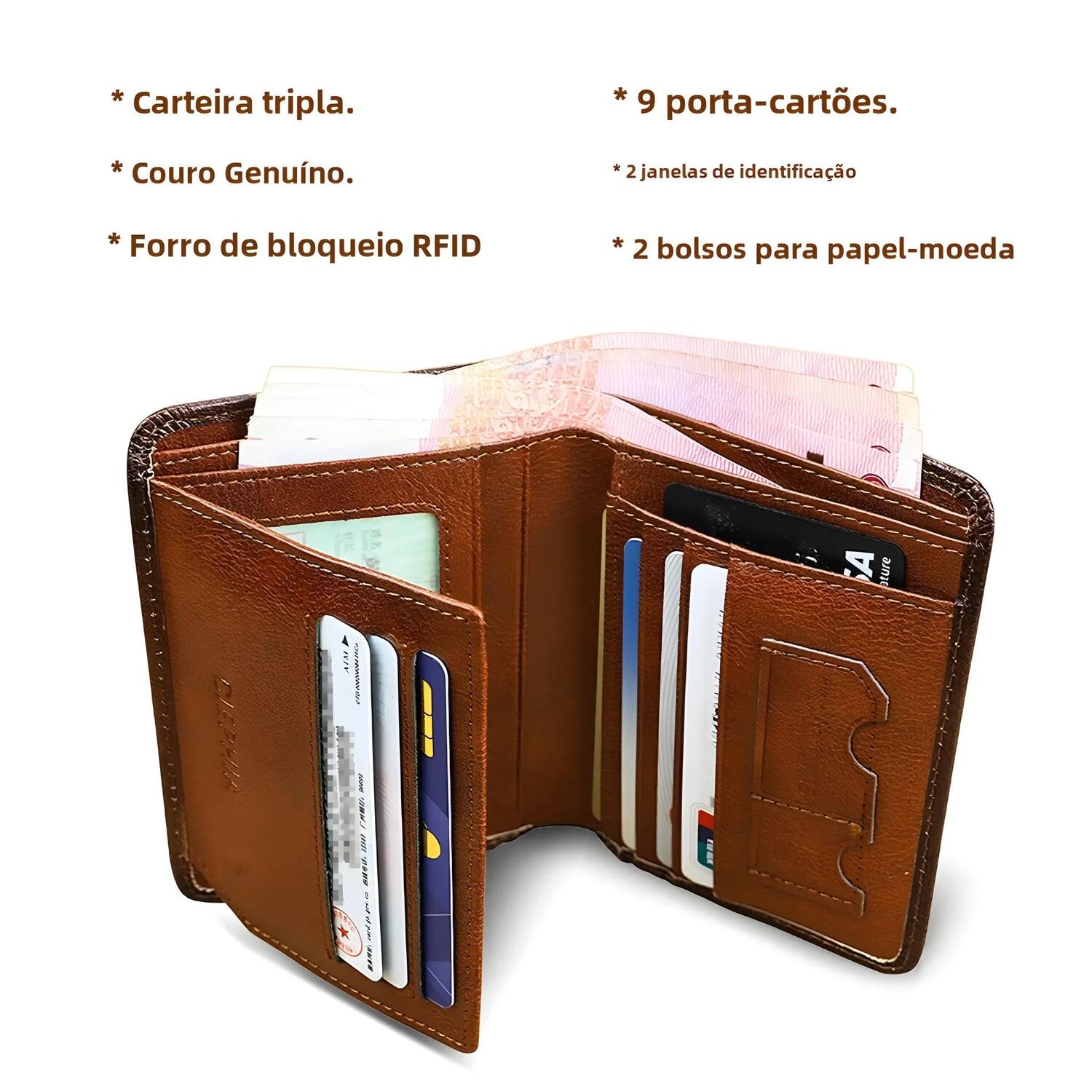 Imagem de Carteira Masculina de Couro Genuíno com Proteção RFID - Design Fino e Vintage