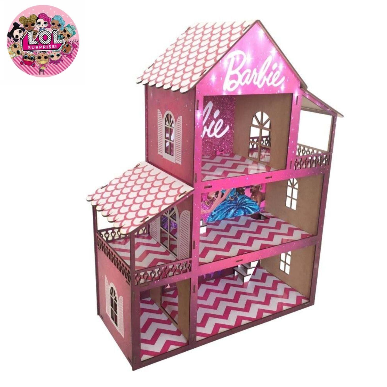 Casinha De Boneca Barbie Rosa Mdf Com 41 Mini Móveis Montada em