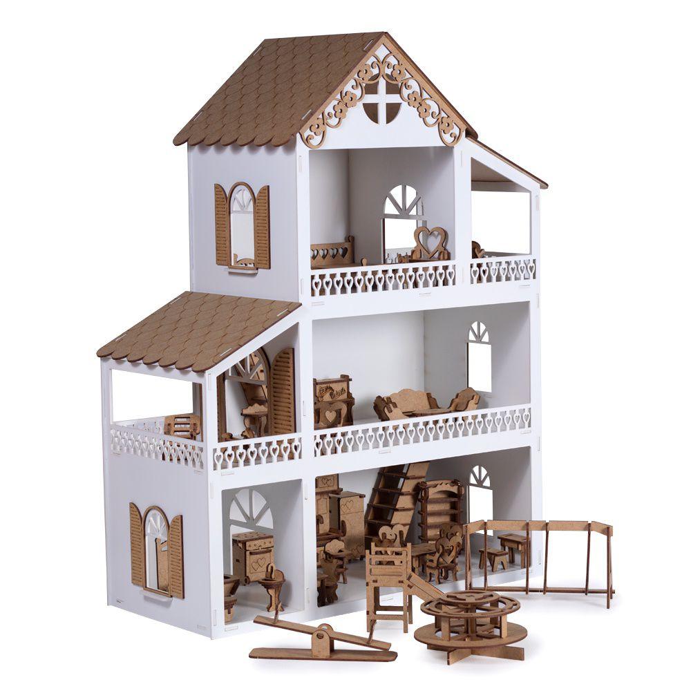 Casa Casinha de Boneca Rosa Branco Mdf + Mini Móveis Montados em