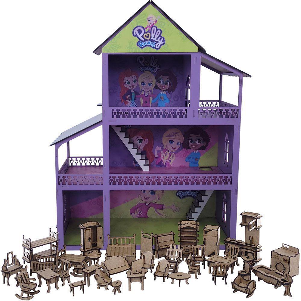 Casa Casinha Para Boneca Polly +38 Mini Móveis Mdf Madeira em