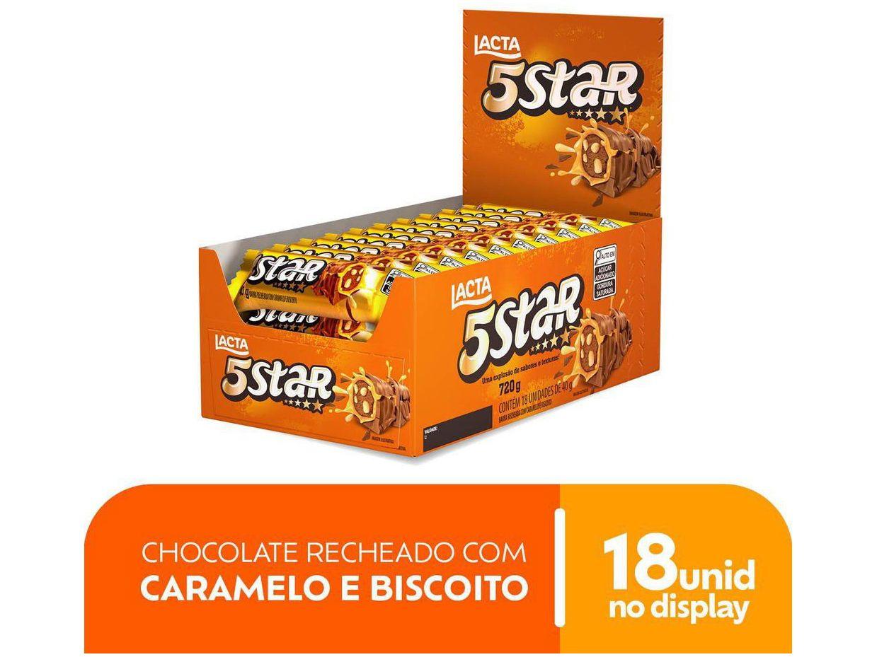 Chocolate 5 Star Recheado com Caramelo e Biscoito Display com 18 Unidades de 40g Lacta