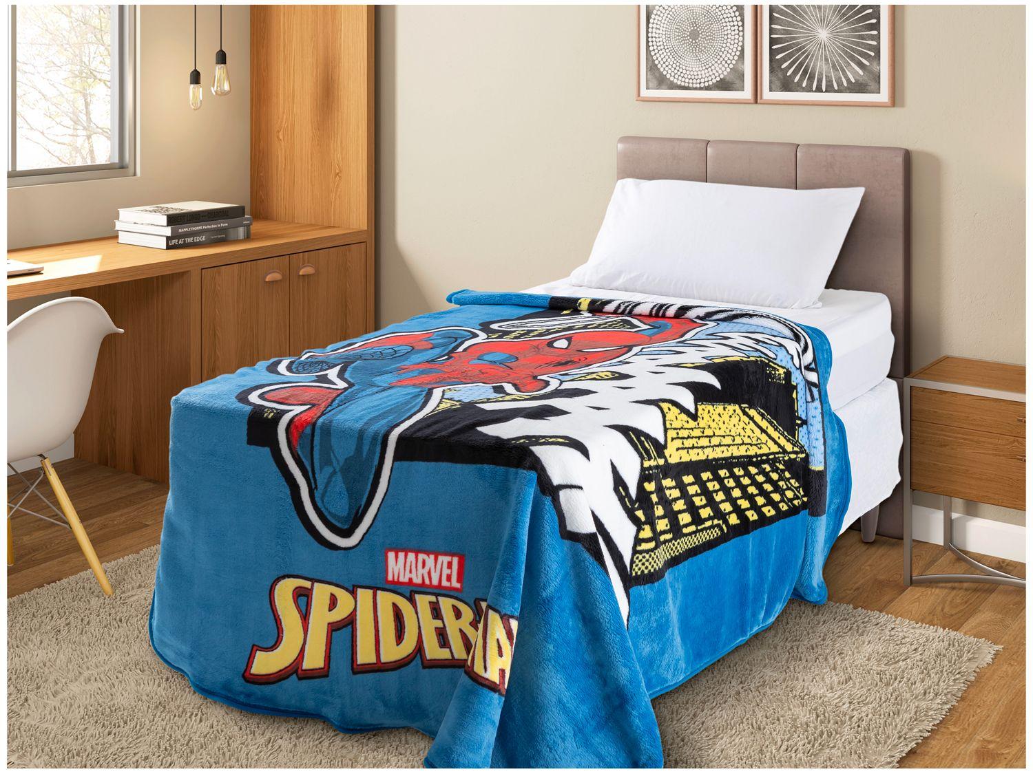 Cobertor Solteiro Jolitex de Microfibra Raschel Plus Homem Aranha Azul