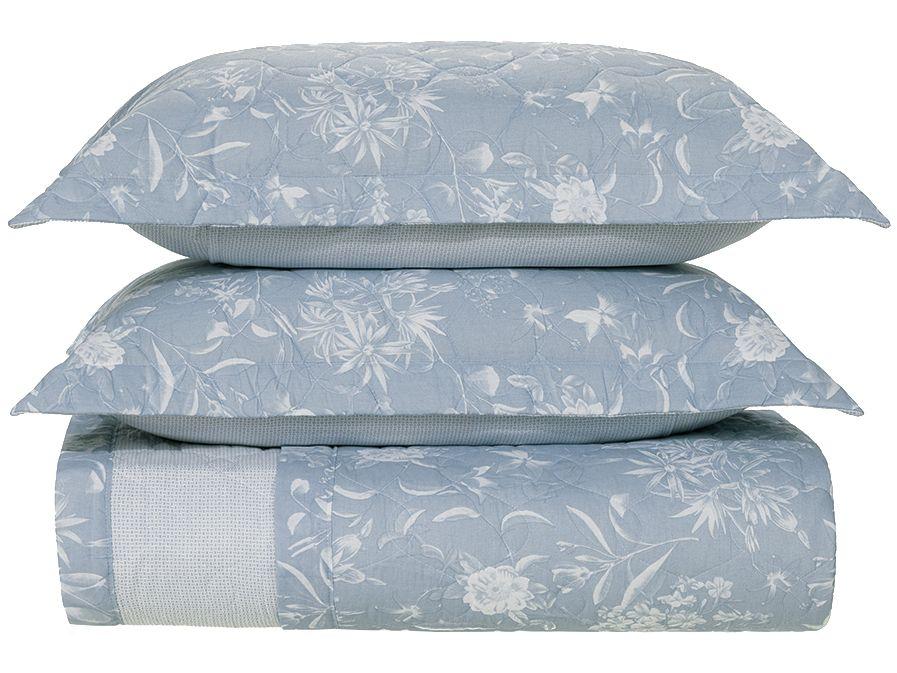 Colcha King 100% Algodão 160 Fios Enara Azul e Branco 3 Peças