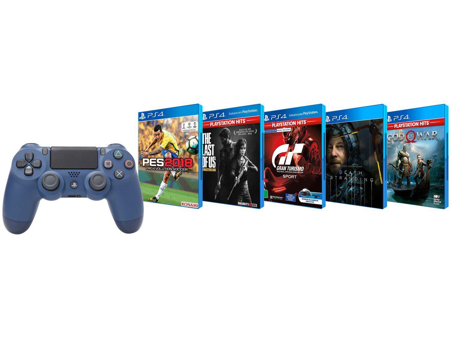 Combo Controle para PS4 sem Fio Dualshock - Midnight Blue com 5 Jogos de PS4, Shopping