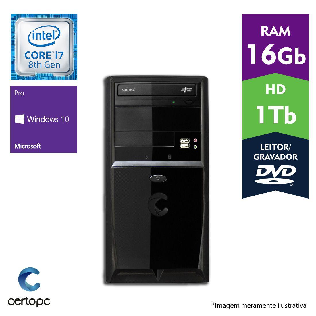 Computador Intel Core i7 8 Geração 16GB HD 1TB DVD Windows 10 PRO Certo ...
