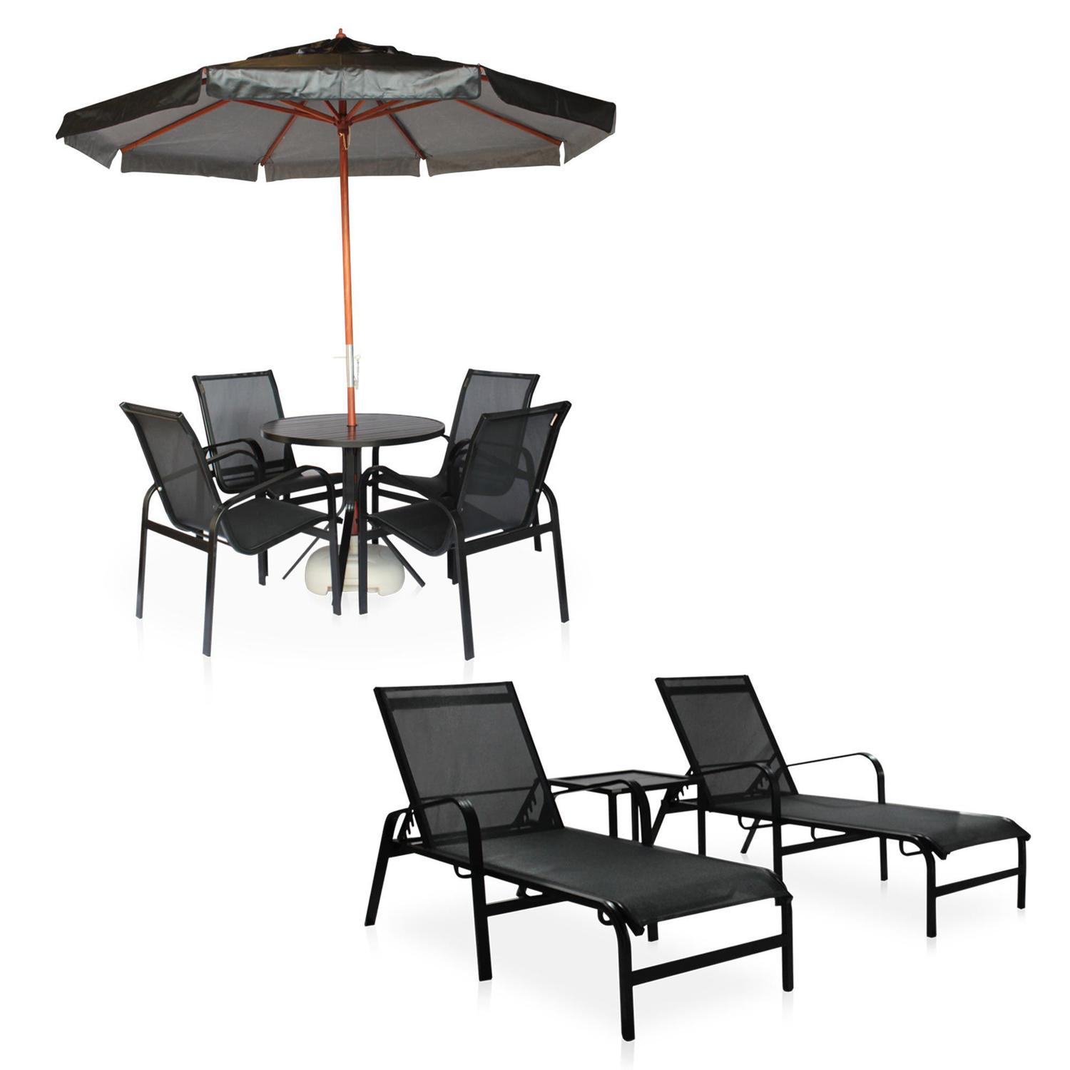 Conjunto 1 Mesa + 4 Cadeiras + 2 Espreguiçadeiras + 1 Mesinha de Centro em  Alumínio + 1 Ombrelone Preto de 2 Metros Para Área Externa, Piscina, Hotel  - Móveis Com Valor - Conjunto de Mesa e Cadeiras para Jardim - Magazine  Luiza