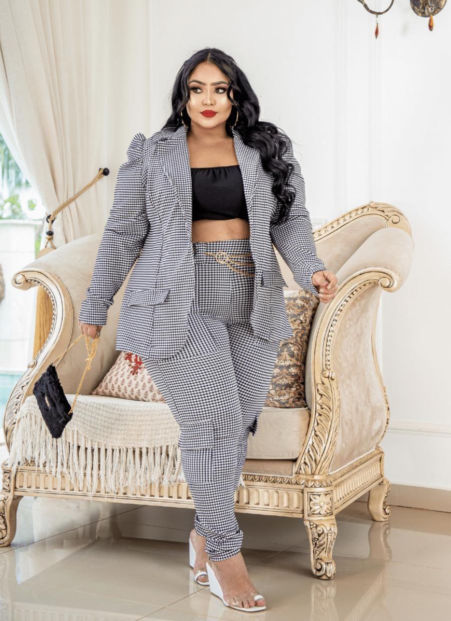 Plus Size CalÃ§a Xadrez Social Feminina Conjunto Calça E Blazer