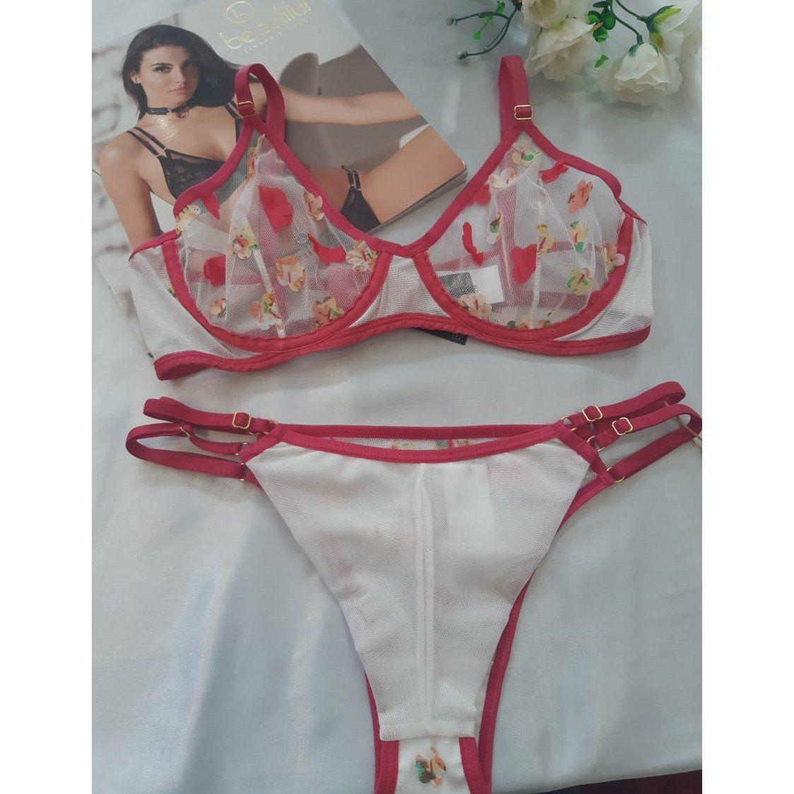 Conjunto lingerie em tule bordado - ajustável - preto