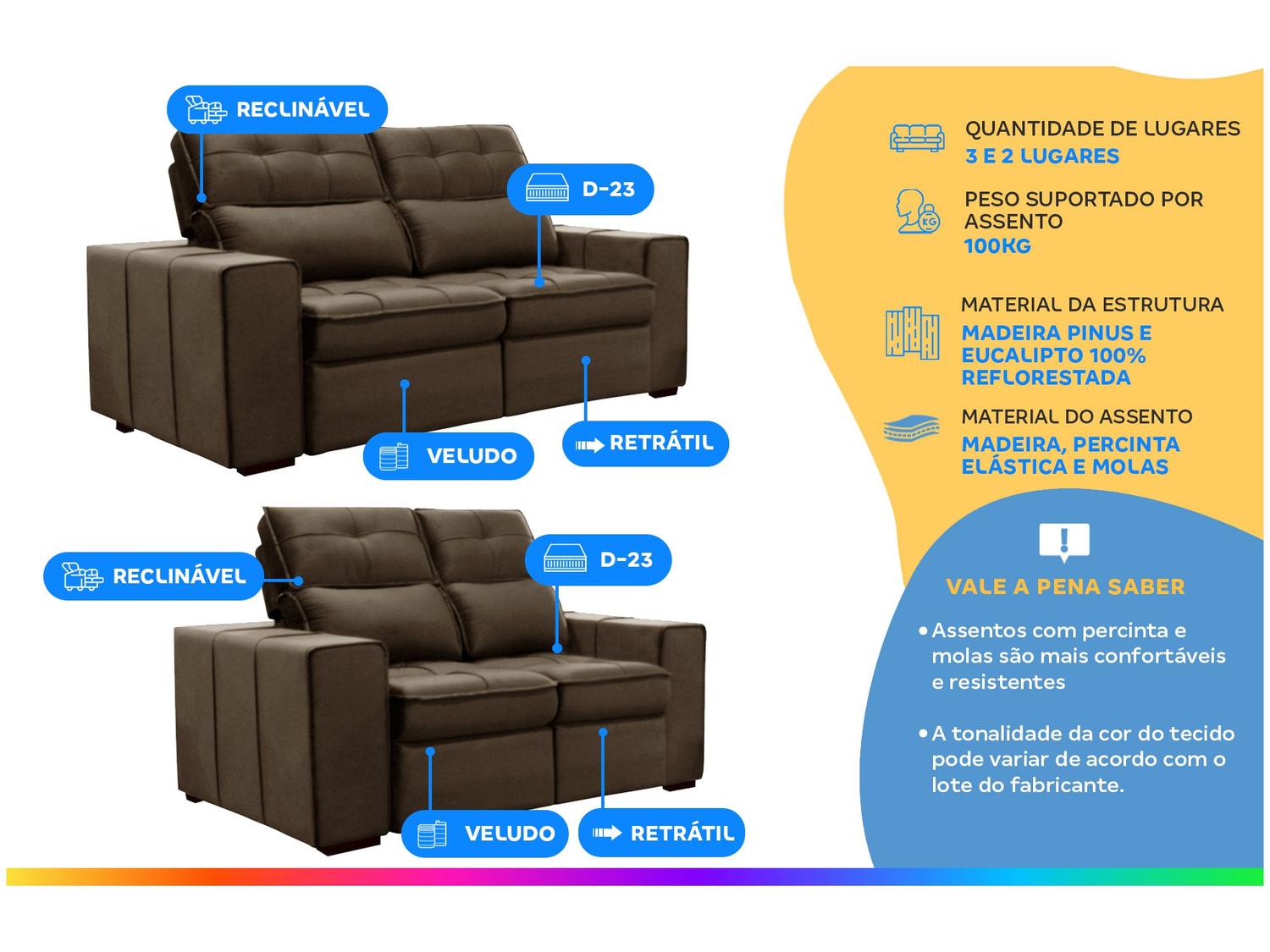 Conjunto de Sofás 2 e 3 Lugares Barsa Gralha Azul