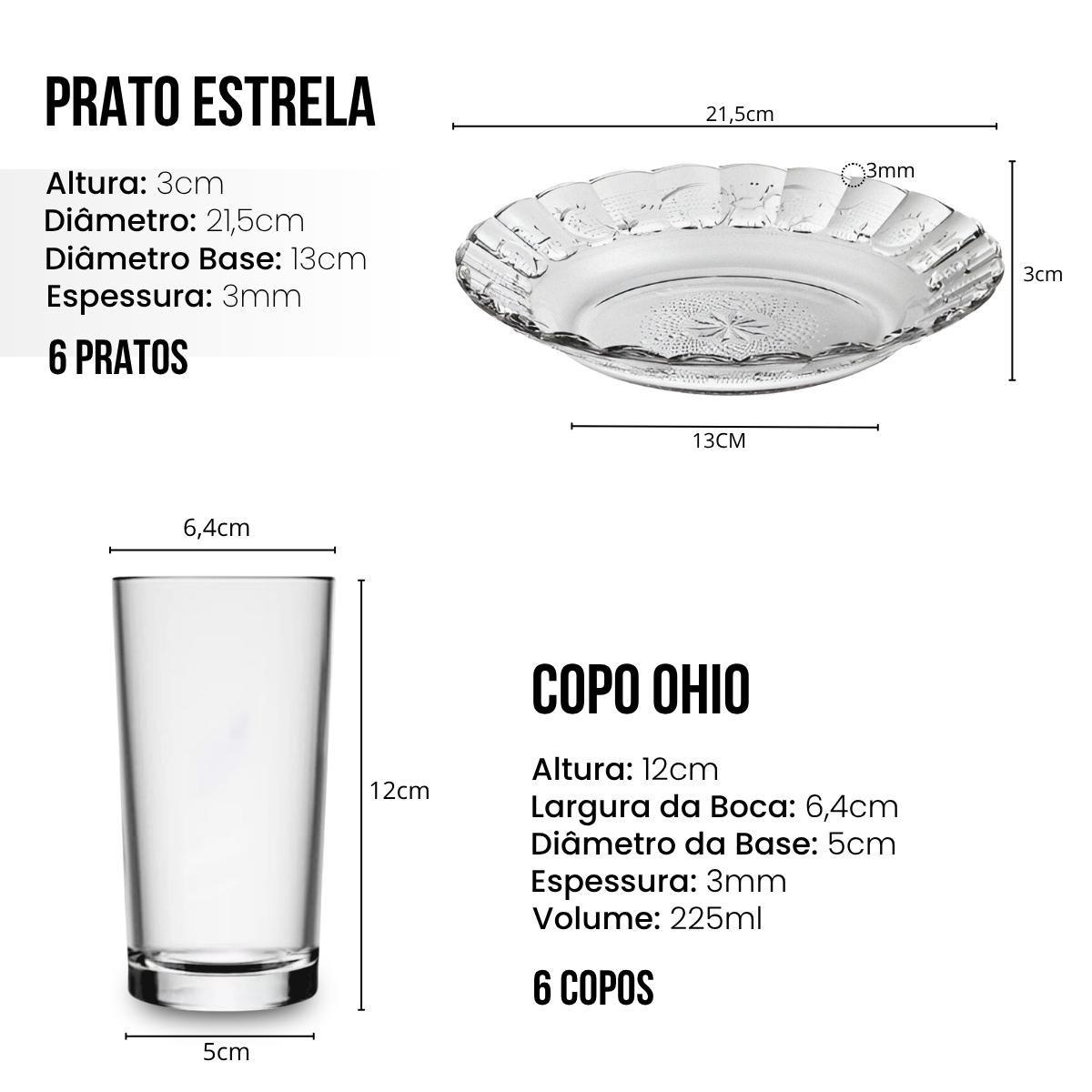 Diagrama técnico mostrando as medidas de altura e diâmetro do prato estrela e do copo ohio.