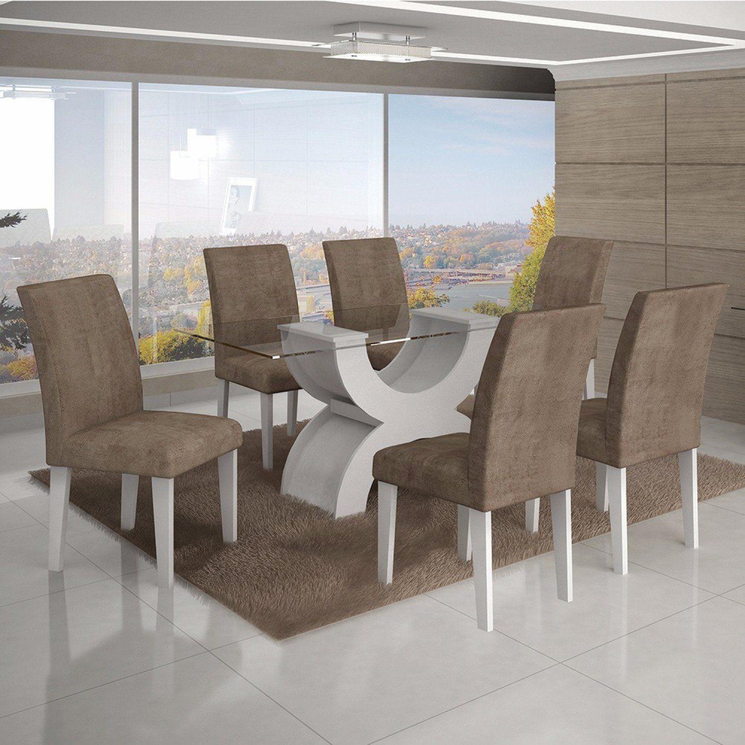 Conjunto Sala de Jantar Completa com Mesa Tampo Vidro, 6 Cadeiras e