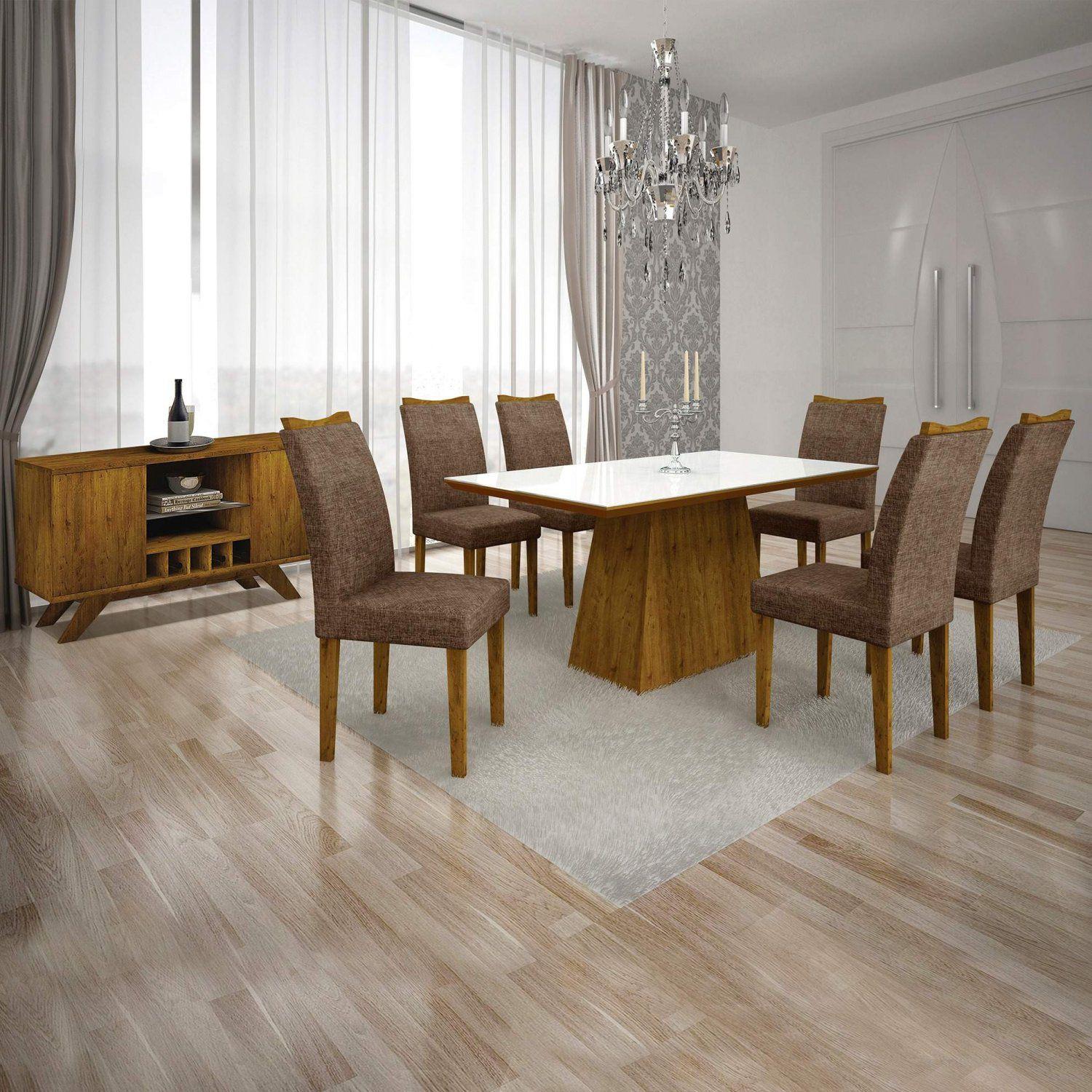 Conjunto Sala de Jantar Completa com Mesa Tampo Vidro, 6 Cadeiras e ...
