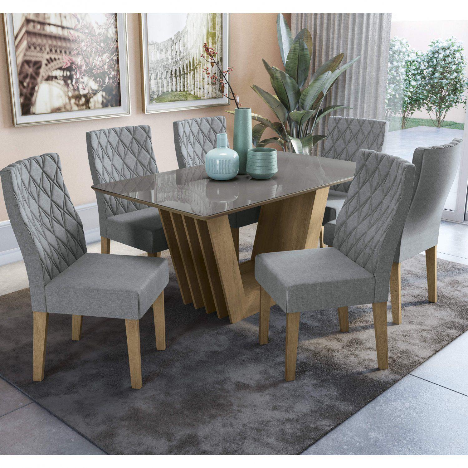 Conjunto Sala de Jantar Mesa com Tampo de Vidro e com 6 Cadeiras Alice ...