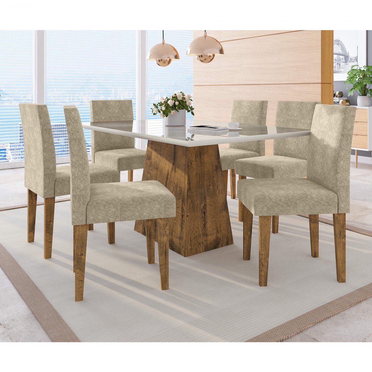 Conjunto Sala de Jantar Mesa Tampo de Vidro 6 Cadeiras Requinte Siena Móveis Alamo/Off White Conjunto Sala de Jantar Mesa Tampo de Vidro 6 Cadeiras Requinte Siena Móveis Alamo/Off White