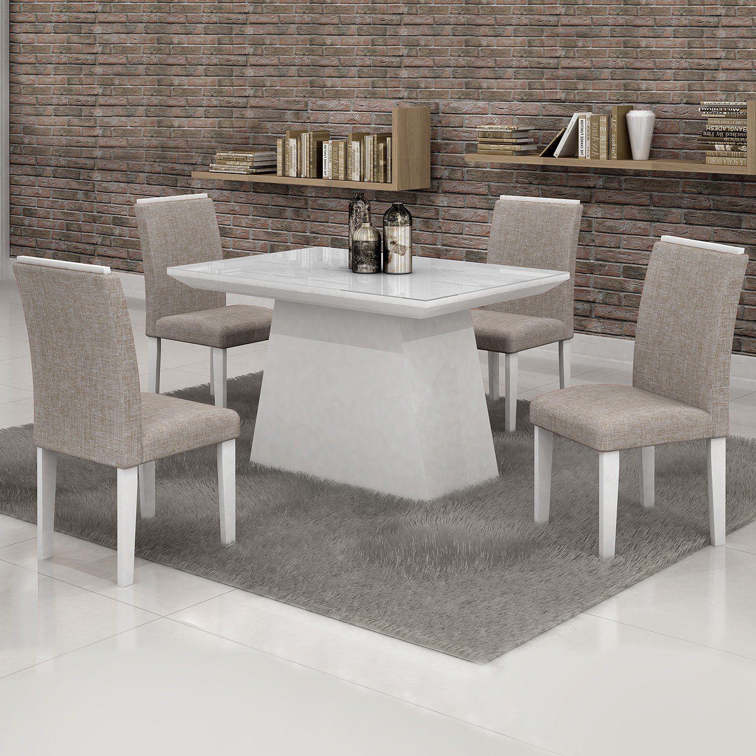 Conjunto Sala de Jantar Mesa Tampo em Vidro Branco 4 Cadeiras Sevilha ...
