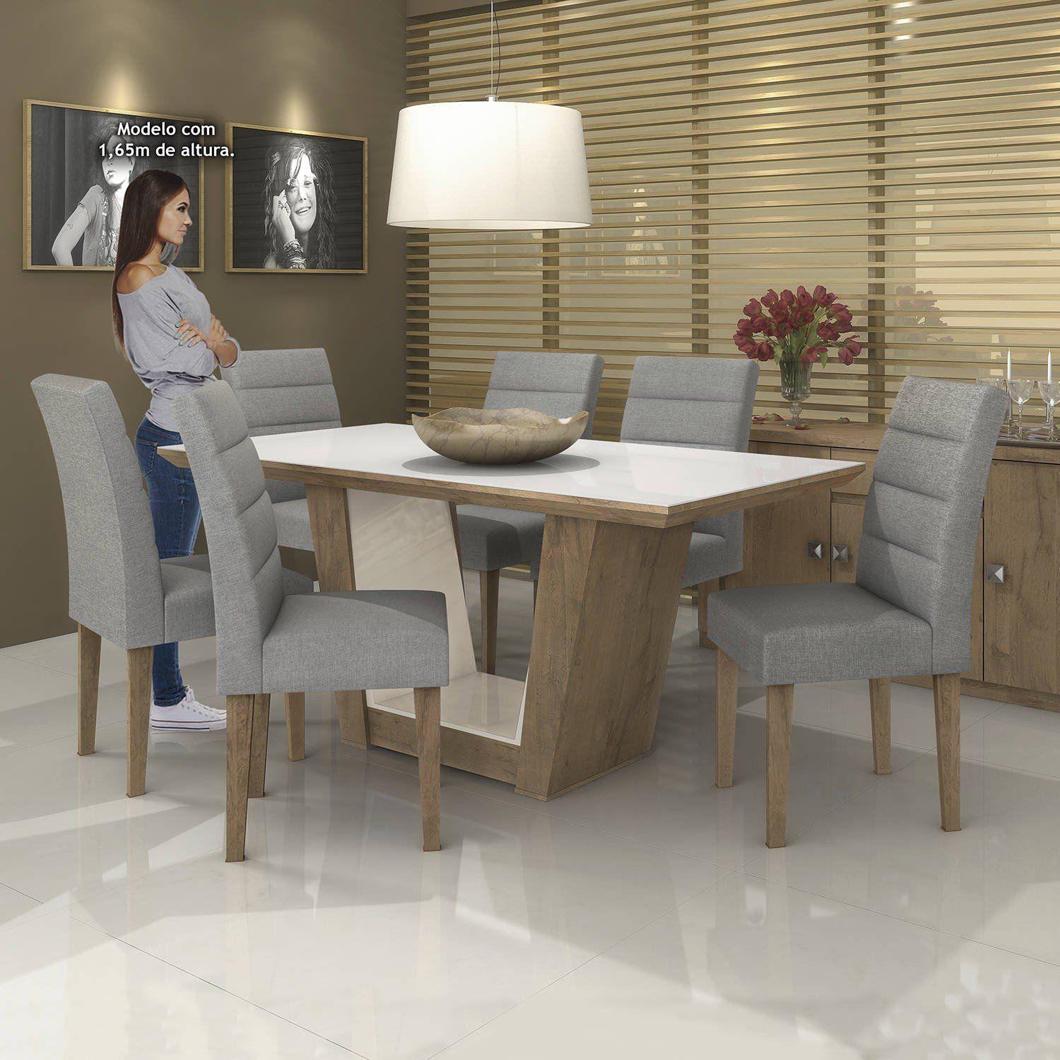 Conjunto Sala de Jantar Mesa Tampo MDF/Vidro Apogeu I e 6 Cadeiras ...
