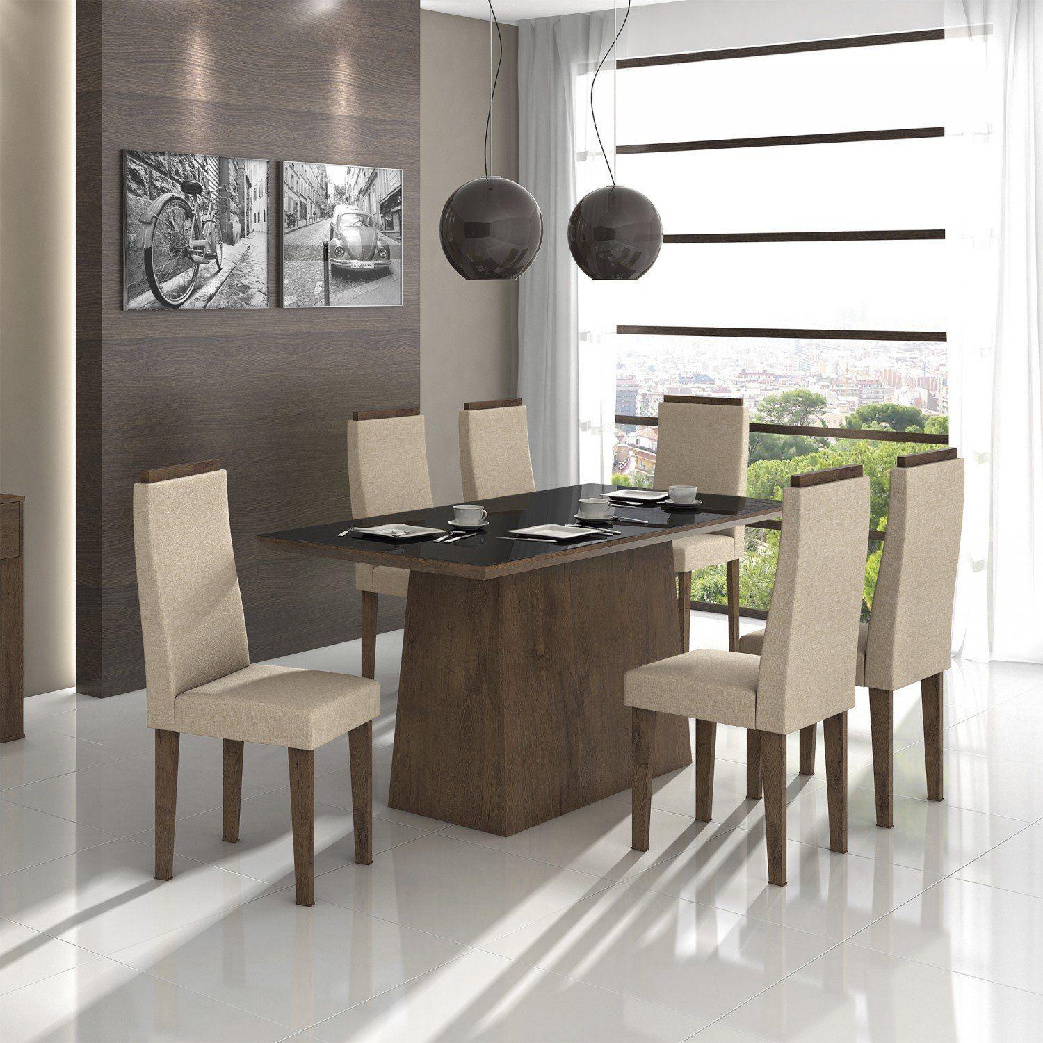 Conjunto Sala de Jantar Mesa Tampo MDF/Vidro Preto Nevada 6 Cadeiras ...