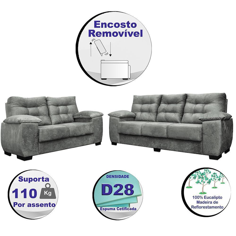 Conjunto Sofá Luxemburgo 3 E 2 Lugares 1,52m e 2,02m Suede Cinza