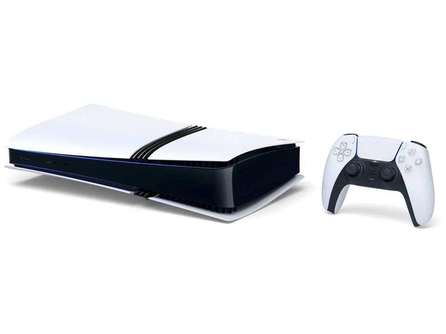 Console PlayStation 5 Pro deitado na horizontal acompanhado do controle sem fio