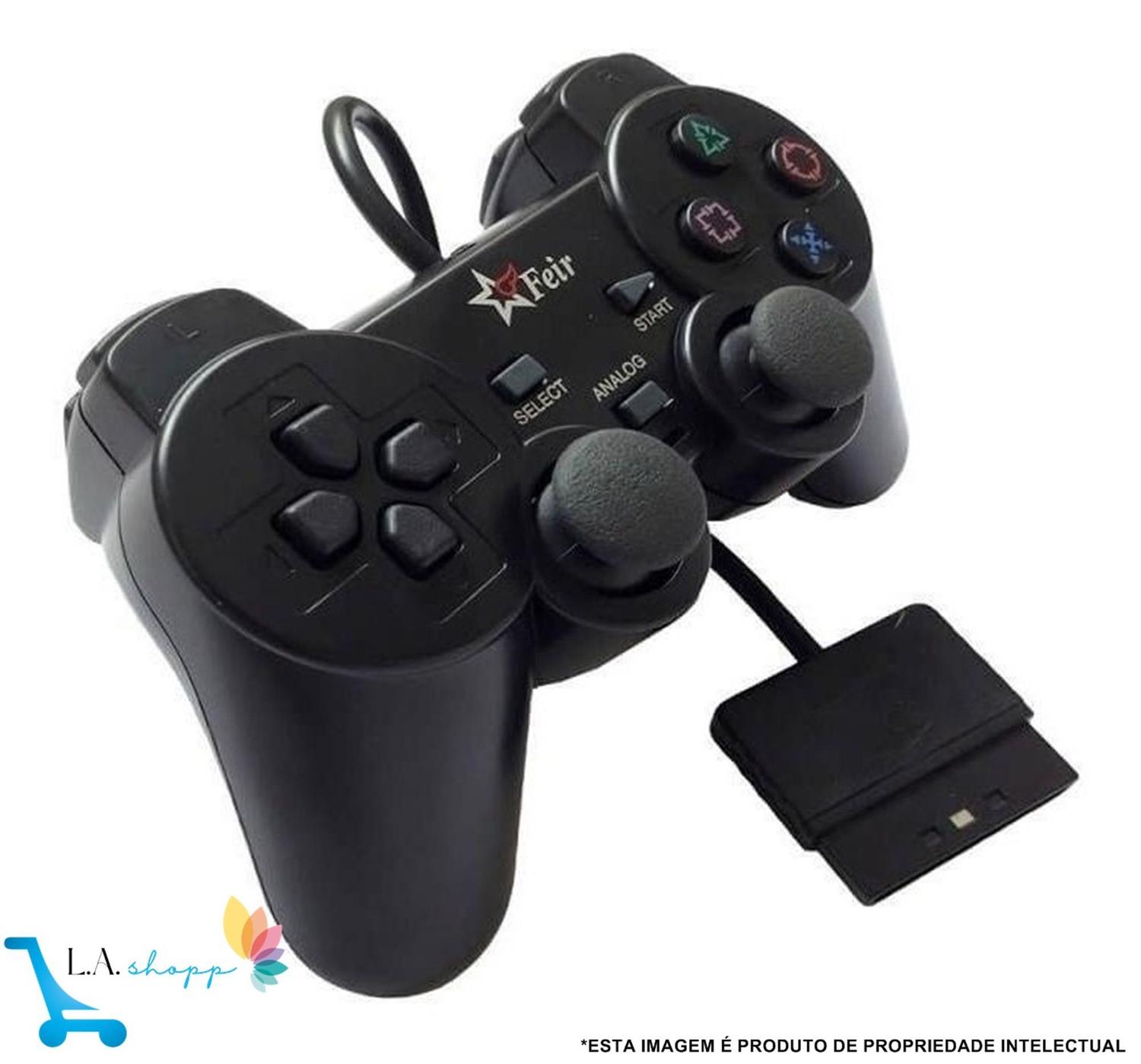 Controle Compatível Com PlayStation 2 Com Fio Para Video Game Com Vibração  E Conexão USB Analógico Compatível Com Computador Preto LINHA PREMIUM DUPIN