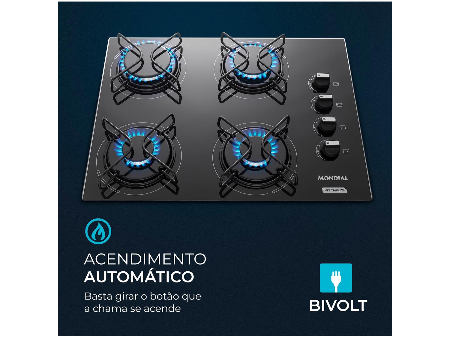 Cooktop 4 Bocas Mondial a Gás GLP Preto