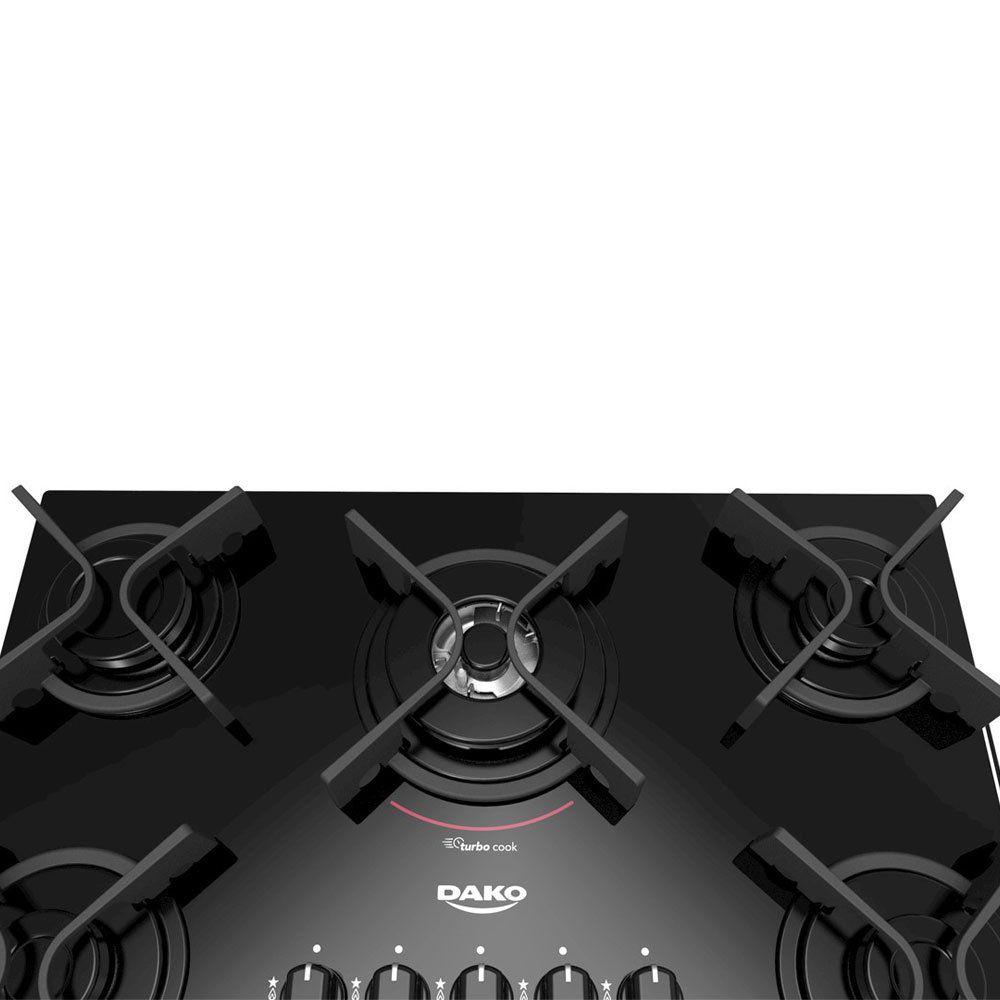 Cooktop 5 Bocas a Gás Dako Acendimento Automático Turbo Glass Cooktop