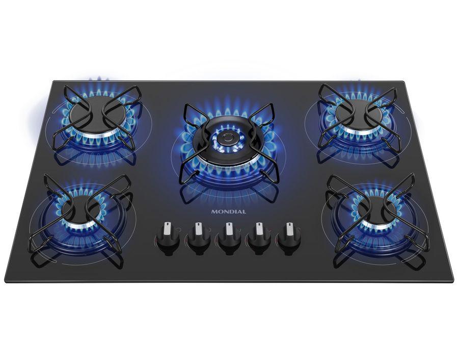 Cooktop 5 Bocas a Gás GLP Mondial Mesa de Vidro Preto Tripla Chama CTG-03