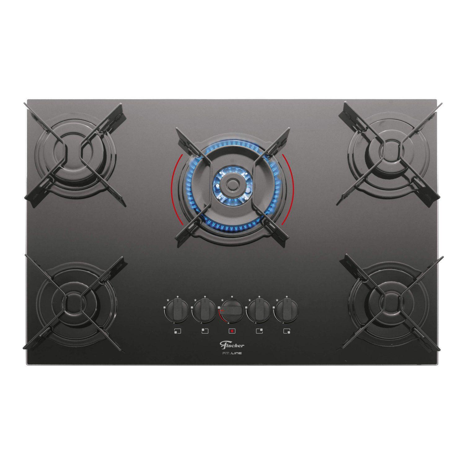 Cooktop 5 Bocas a Gás Tripla Chama Fit Line Fischer Bivolt Preto