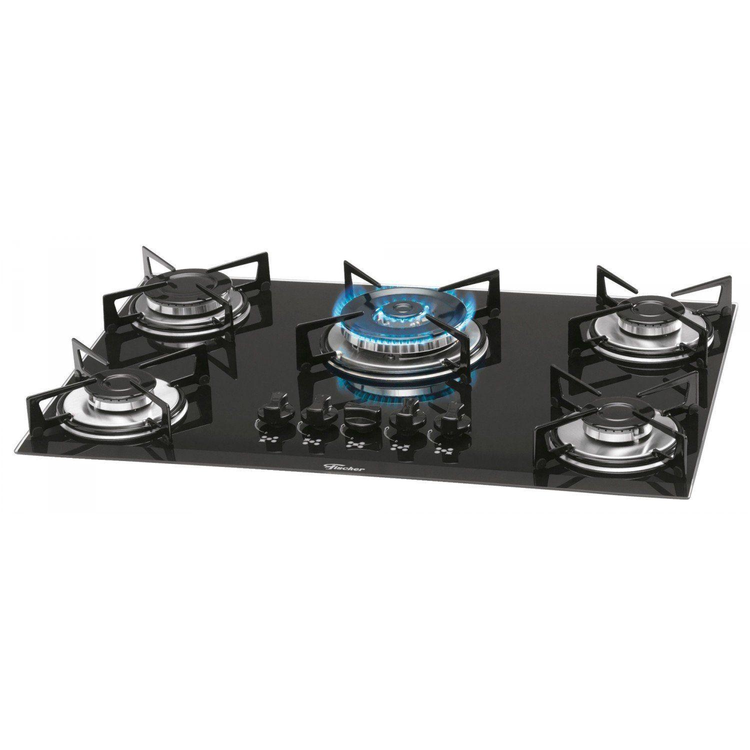 Cooktop 5 Bocas a Gás Tripla Chama Mesa Vidro Fischer Bivolt Preto