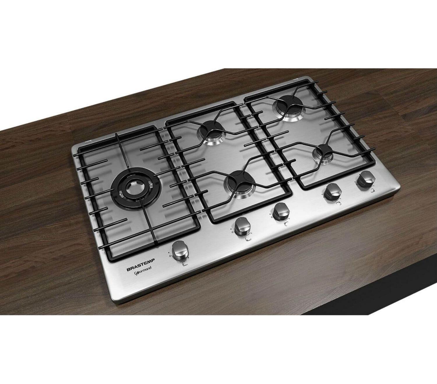 Cooktop 5 bocas Brastemp Gourmand Inox com duplachama e trempe com