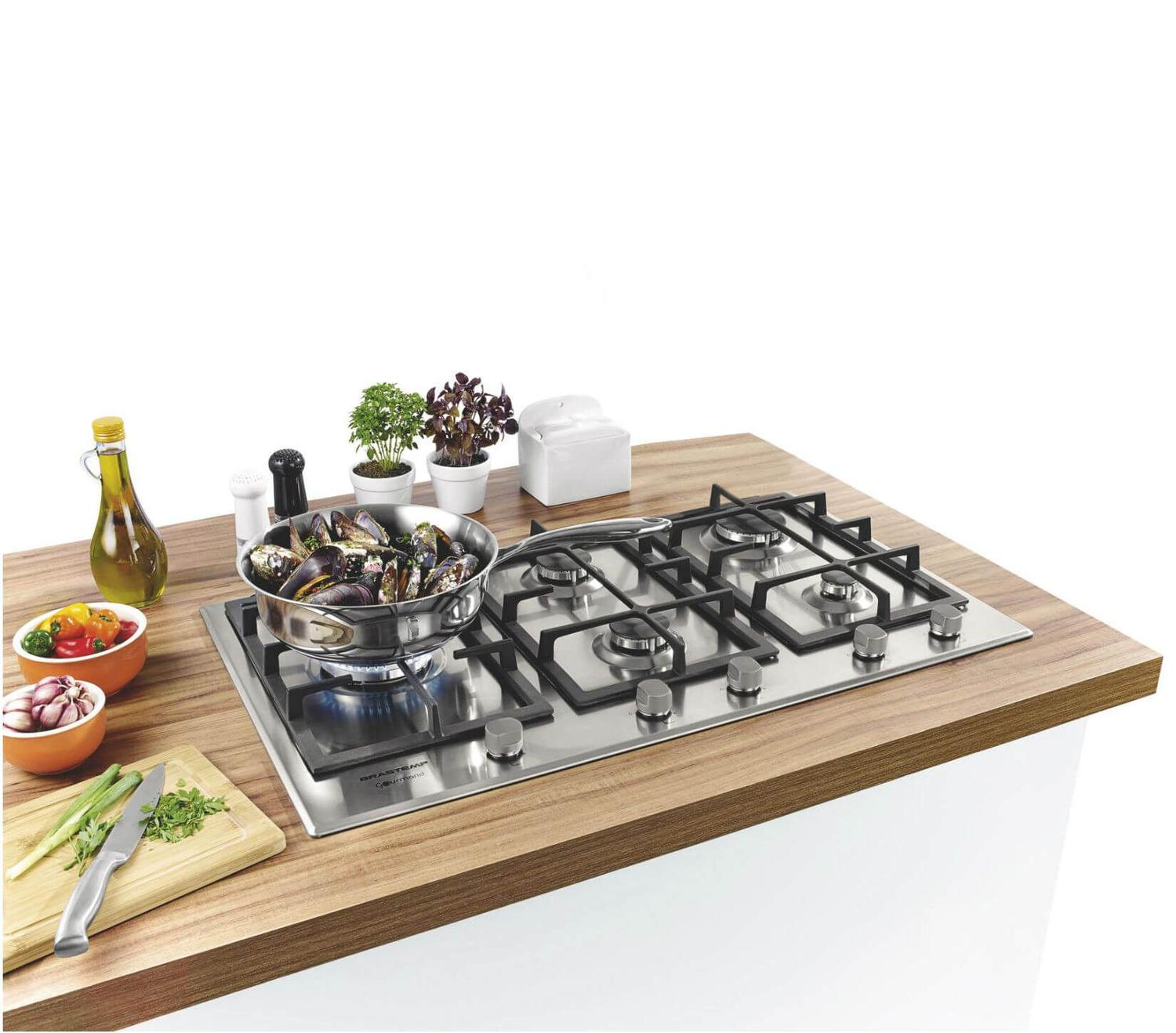 Cooktop 5 bocas Brastemp Gourmand Inox com duplachama e trempe com