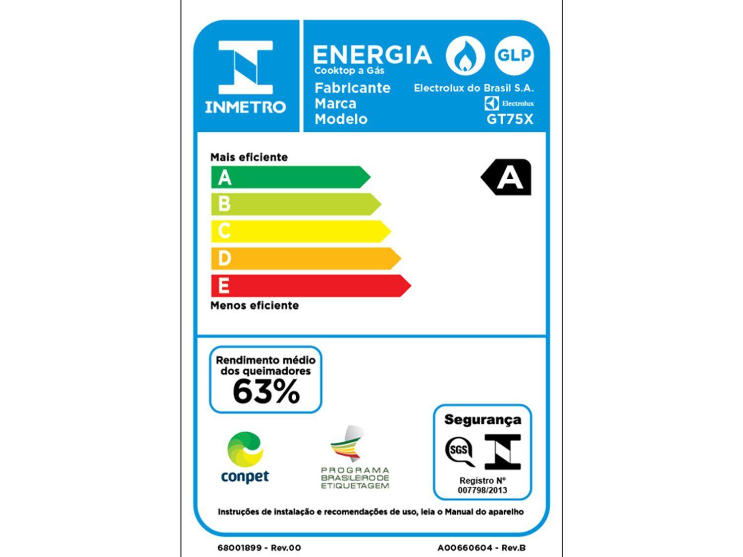Cooktop 5 Bocas Electrolux GT75X Inox à Gás Natural e GLP Tripla