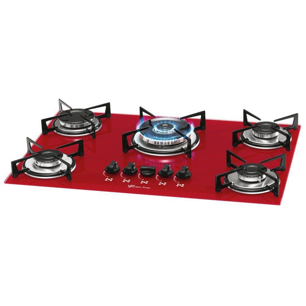 Cooktop 5 Bocas Fischer Vermelho Rouge Tripla Chama Gás Mesa Vidro 1743