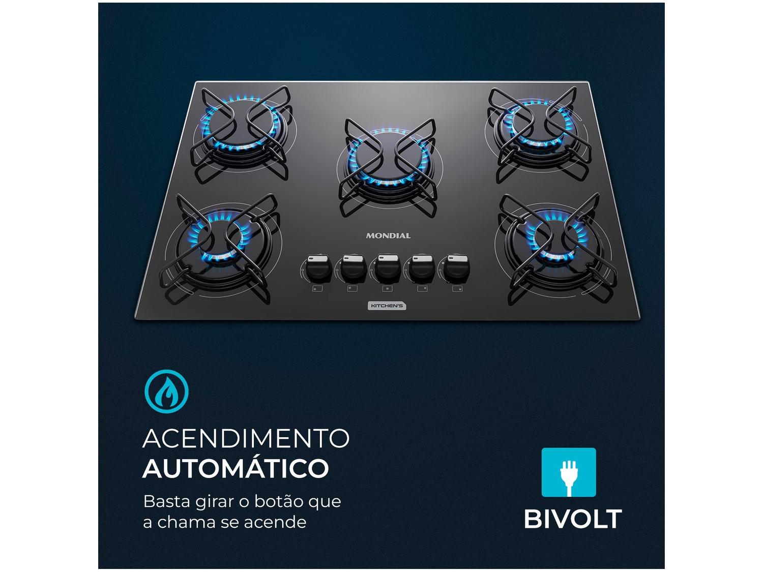 Cooktop 5 Bocas Mondial a Gás GLP Preto