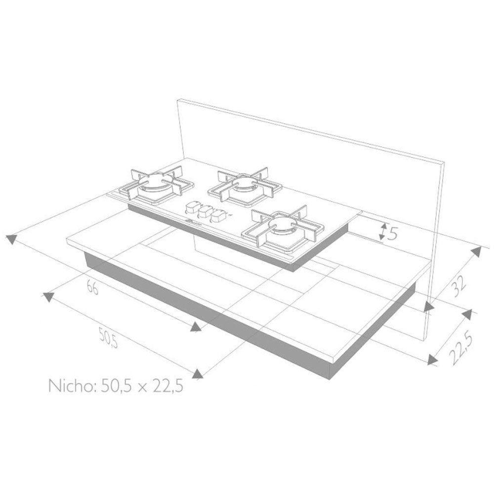 Cooktop a Gás 3 Bocas SLIM Acendimento Automático Built Cooktop 3