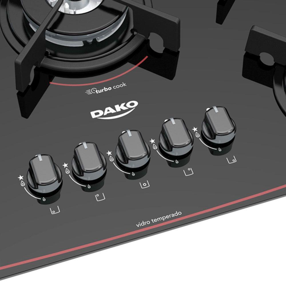 Cooktop Dako 5 Bocas a Gás Automático Turbo Glass Preto DC5VTZPS0