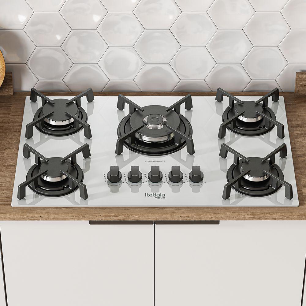 Cooktop Itatiaia 5 Bocas Vitrum Branco Tripla Chama Central Bivolt