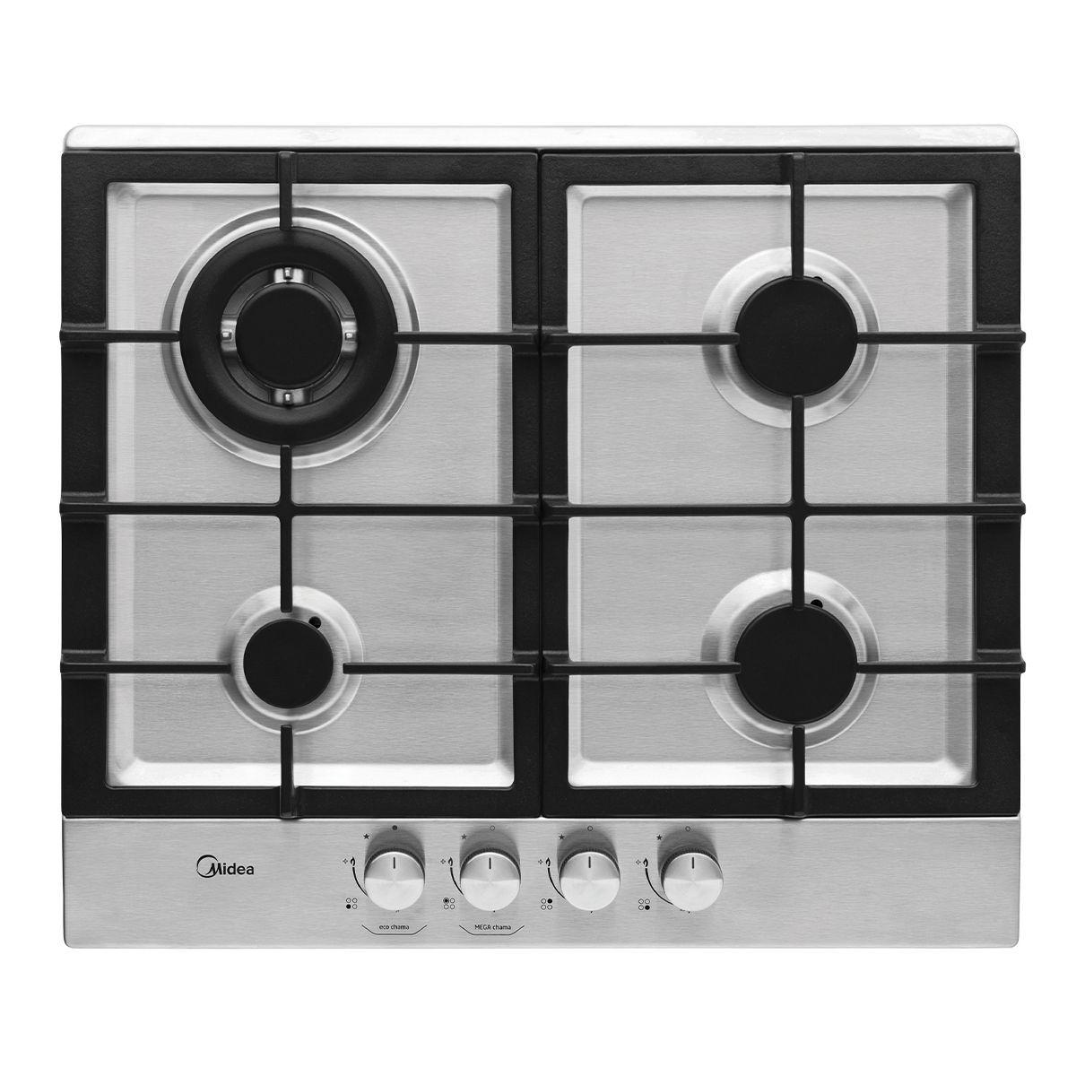 Cooktop Midea 4 Bocas inox com triplachama e ferro fundido Bivolt