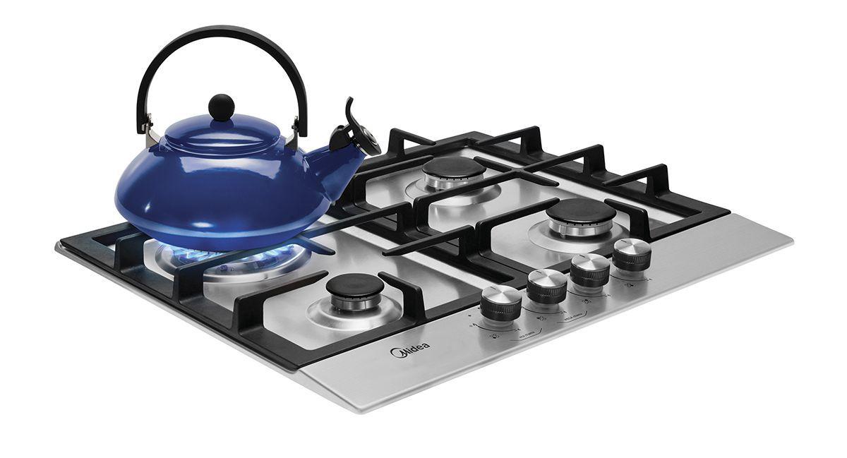 Cooktop Midea 4 Bocas inox com triplachama e ferro fundido Bivolt