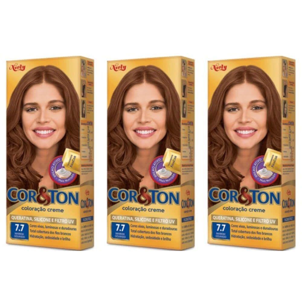Cor & Ton Tinta 7.7 Marrom Dourado 50g (Kit C/03) - Tinta de Cabelo