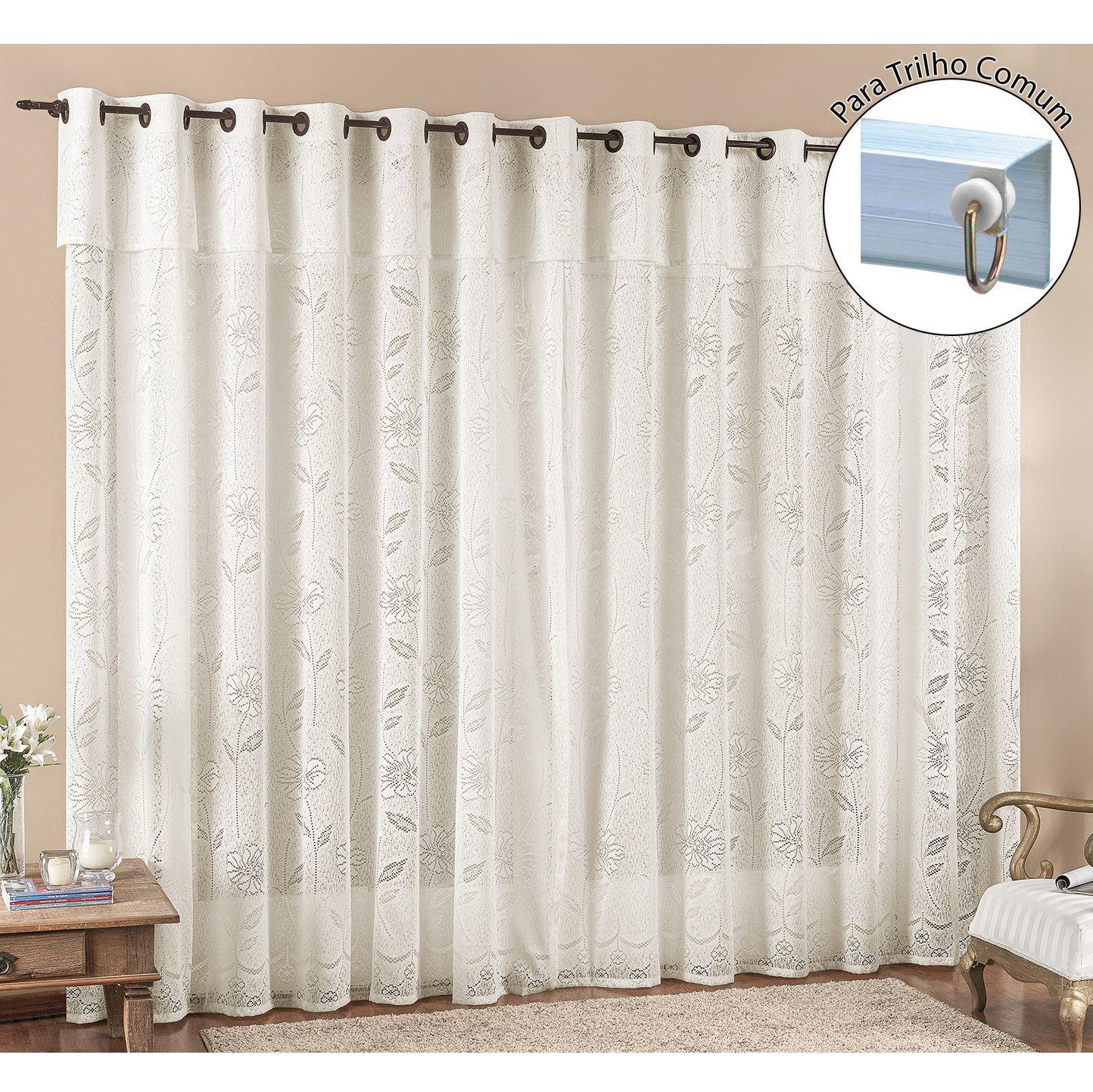 Cortina Luna 4 Metros Para Trilho Comum Palha Renda Floral Sala ou Quarto Rose Cortina para