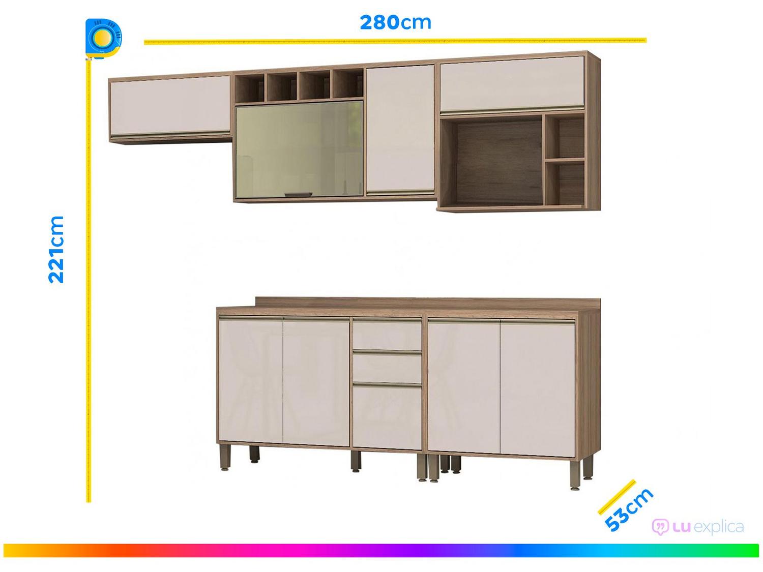 Cozinha Completa Luciane Parma com Balcão para Pia e Nicho para Micro-ondas 8 Portas