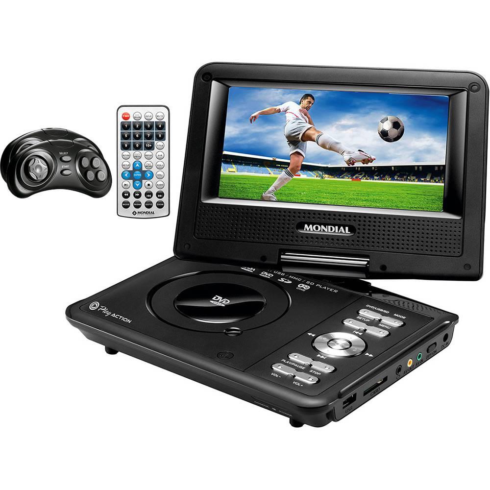 DVD Player Portátil Mondial Play Action Tela 7” Giratória com 600 jogos, Suporte para Carro