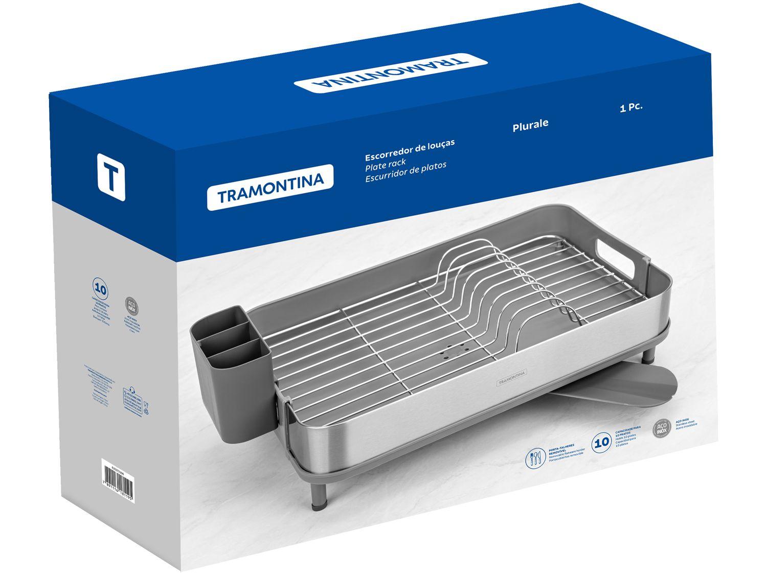 Escorredor de Louça Inox Tramontina Plurale Cinza 10 Pratos com Porta Talheres