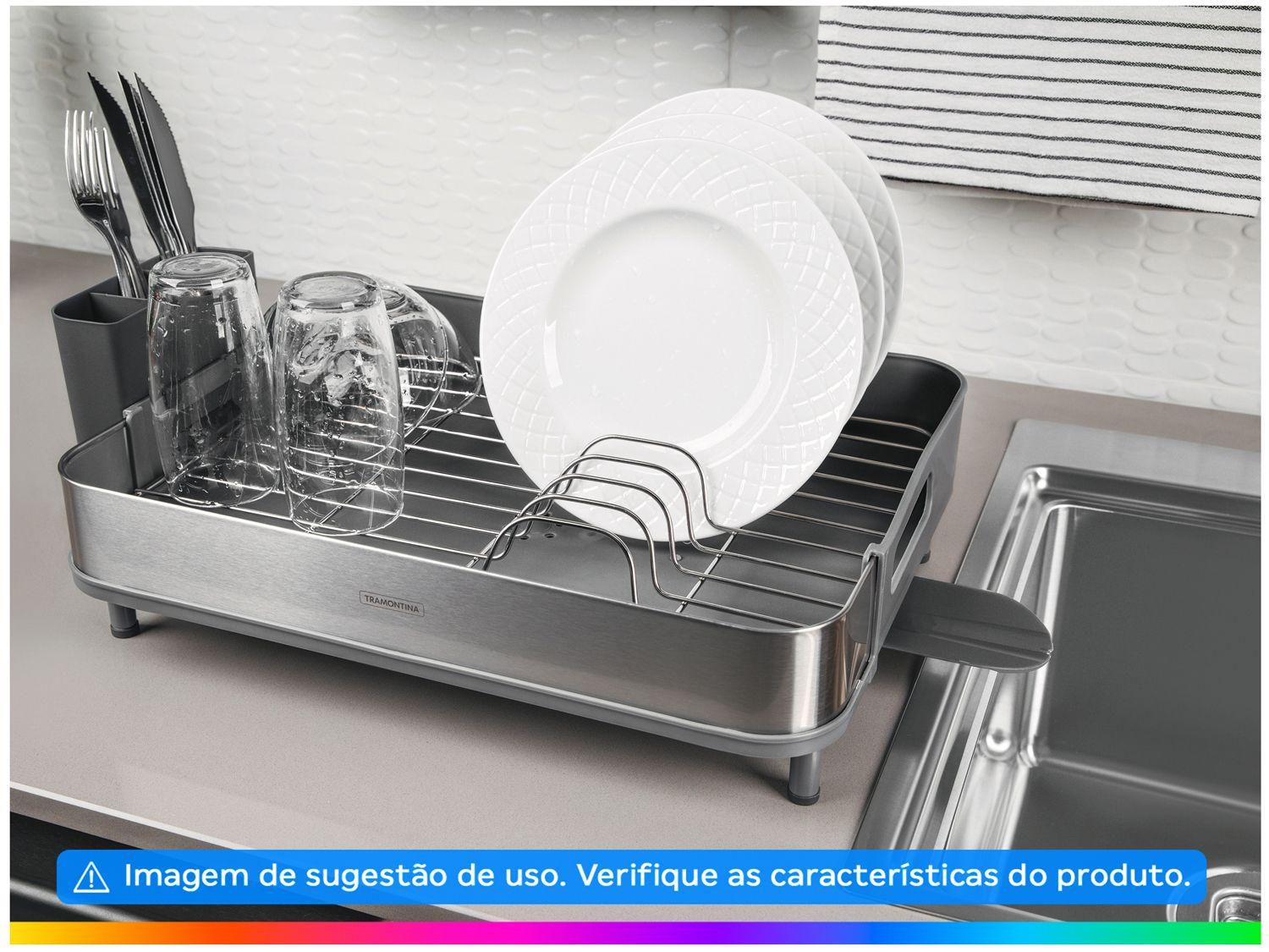 Escorredor de Louça Inox Tramontina Plurale Cinza 10 Pratos com Porta Talheres
