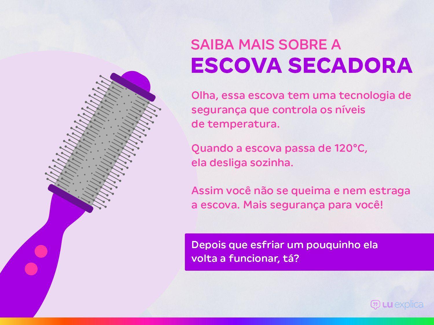 Ilustração de uma escova secadora roxa com informações sobre suas funcionalidades