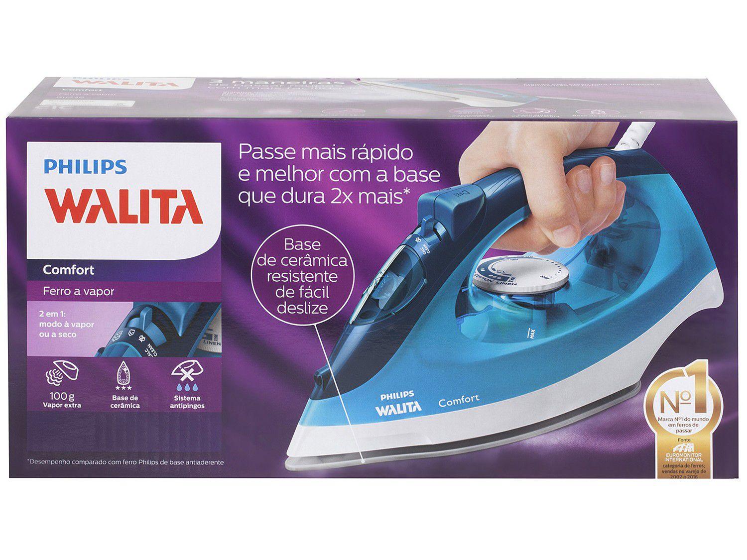 Ferro de Passar Roupa a Vapor Philips Walita - Comfort Cerâmica Azul ...